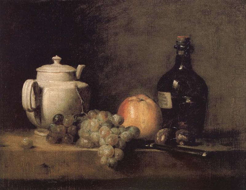 Jean Baptiste Simeon Chardin Teapot white grape apple bottle knife and Paris china oil painting image